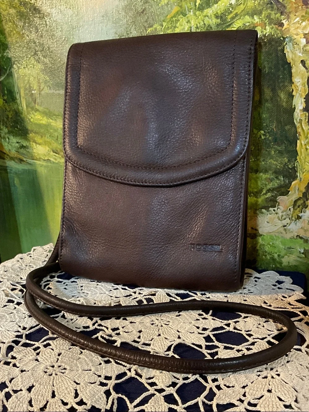 Fossil Dark Brown Leather Messenger Crossbody